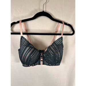 Victorias Secret Lined Plunge Bra 34DD Lace Luxe Lingerie Underwire Green Pink